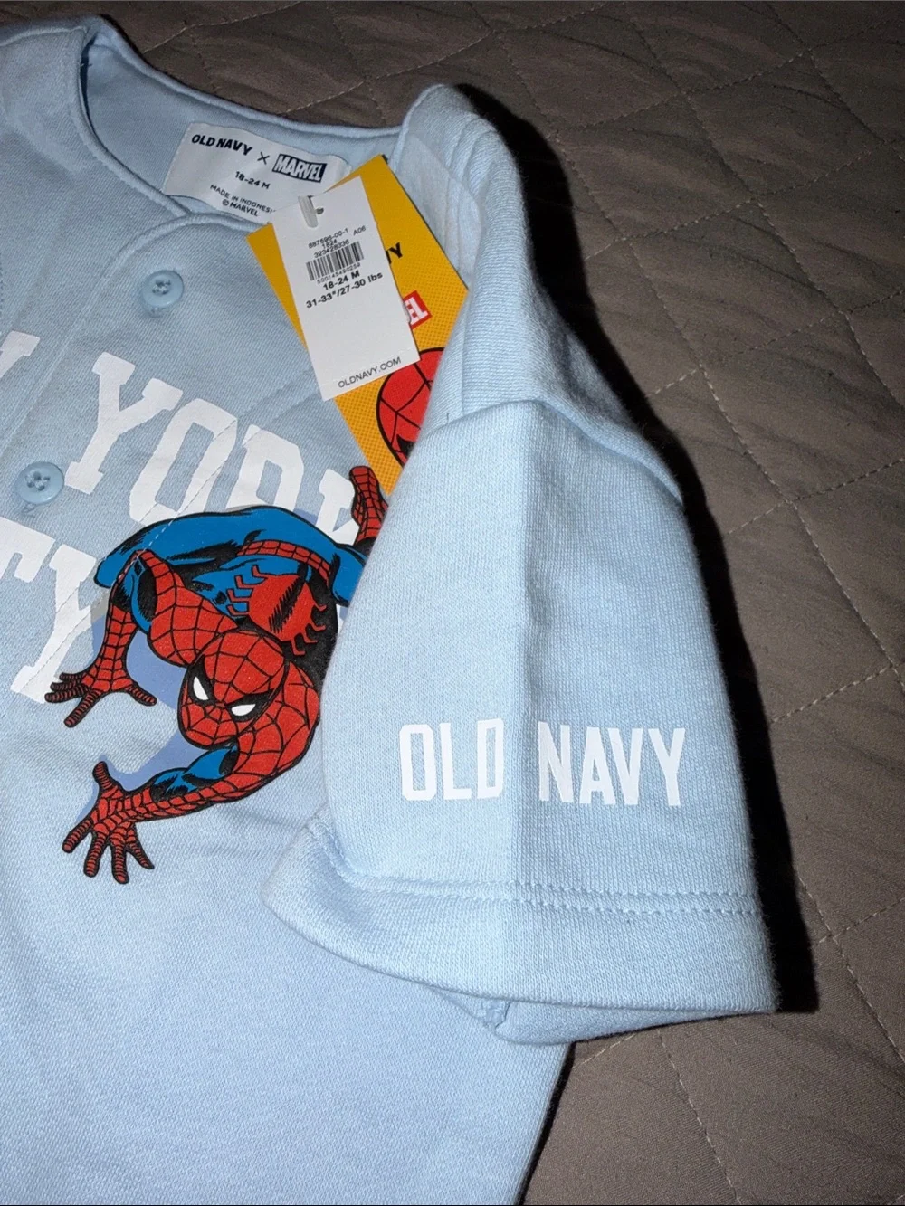 Old Navy Light Blue Spider-Man 'New York City' Button Front Kids Shirt